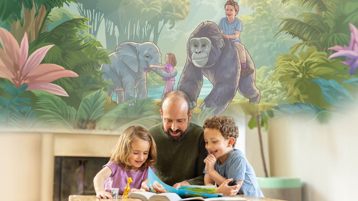 A father using the brochure “My Bible Lessons” to study with his two young children. The children imagine themselves playing with an elephant and a gorilla in Paradise.