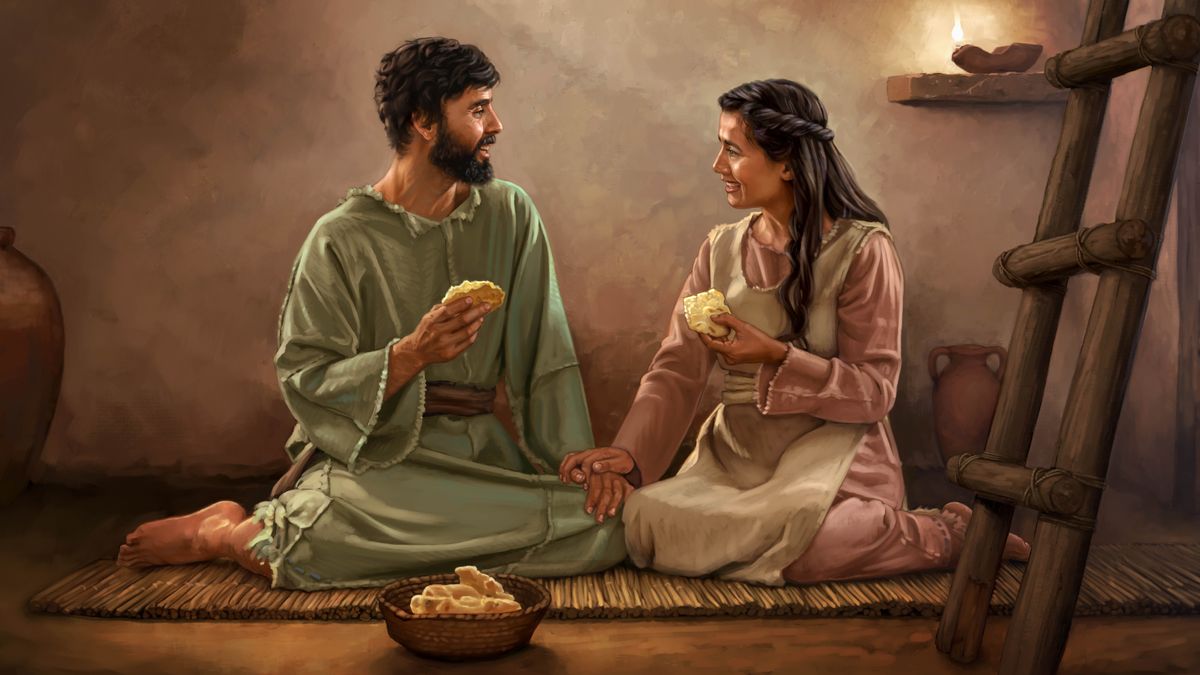 A couple in ancient Israel, enjoying a simple meal of bread in their modest home.