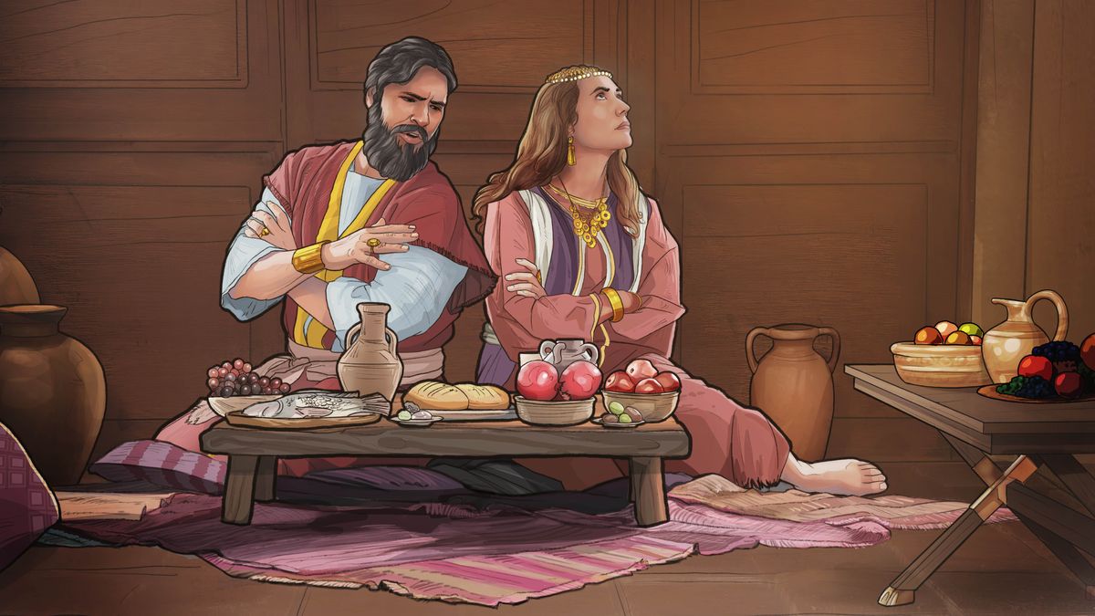 An unhappy, wealthy couple in Bible times, sitting down for an elaborate meal. Both have their arms crossed, and the wife looks away dismissively while her husband speaks.