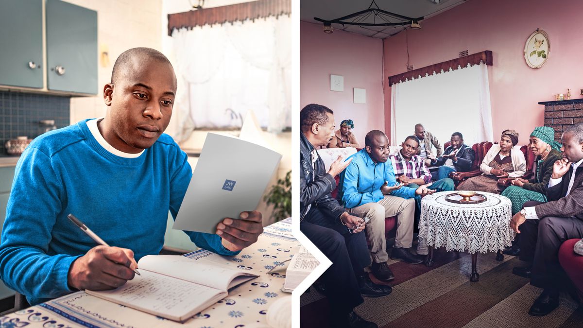Collage: 1. A brother takes notes as he does research using the Bible and the book “Scriptures for Christian Living.” 2. The same brother explains his beliefs to his non-Witness family members. Some family members listen intently while others express frustration with what the brother is saying.