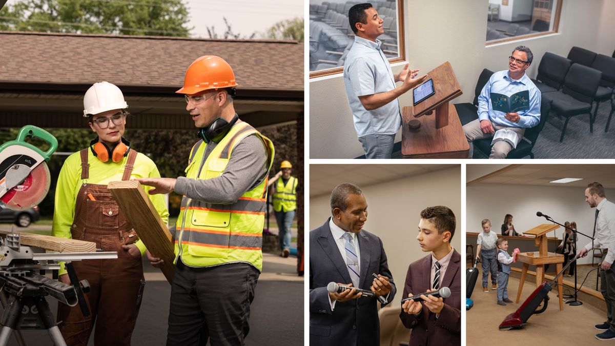 Collage: Brothers training others in various situations. 1. A brother trains a sister to use an electric saw at a theocratic construction project. 2. An older brother observes a younger brother practicing his talk in an empty Kingdom Hall. The older brother is holding the brochure “Apply Yourself to Reading and Teaching.” 3. A brother teaches a teenage brother how to replace the batteries in a microphone. 4. A father and his two sons help clean the Kingdom Hall. The father and his older son each vacuum the platform while the younger son uses a cloth to wipe the lectern.