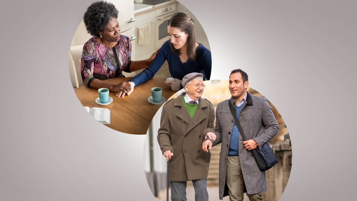 Collage: 1. A sister lovingly comforts a younger sister in distress. 2. A younger brother joyfully assists an elderly brother as they work together in the ministry.