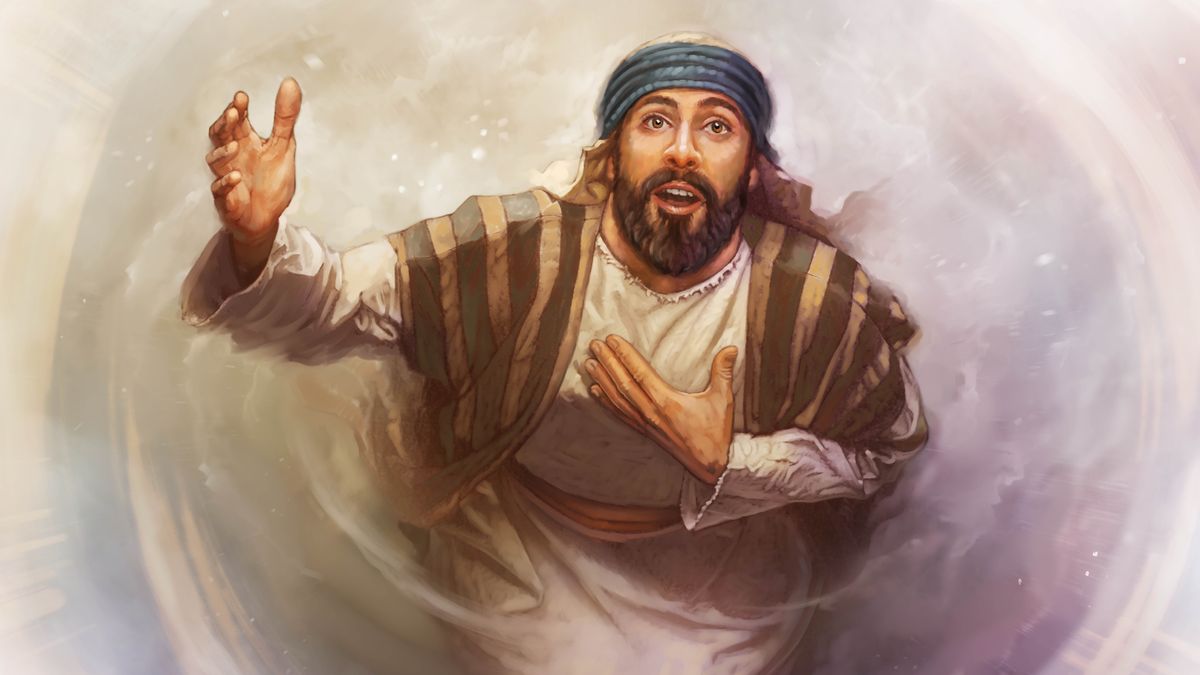 Isaiah looking toward heaven and volunteering to be God’s spokesman.