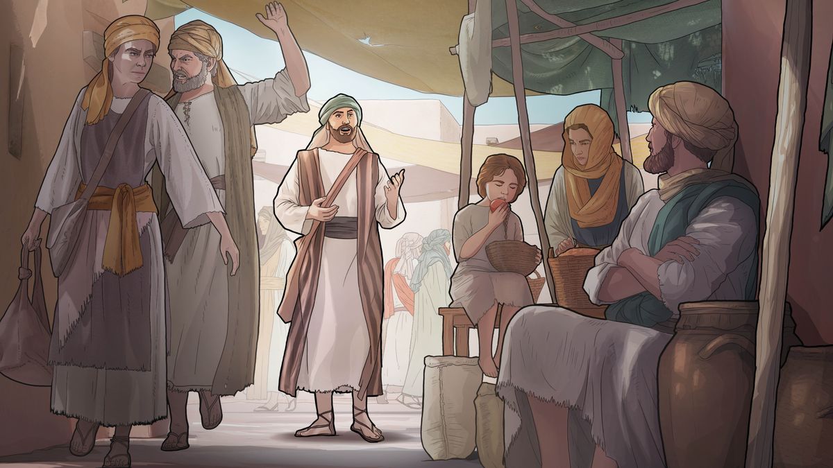 Isaiah delivering Jehovah’s message to a group of Israelites in a marketplace. Some of the Israelites ignore him while others angrily walk away.