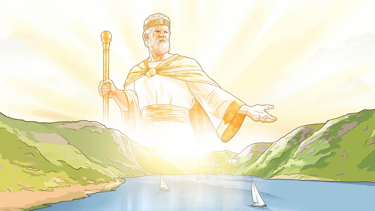 Jesus ruling as King in heaven, extending his hand over a paradise earth.