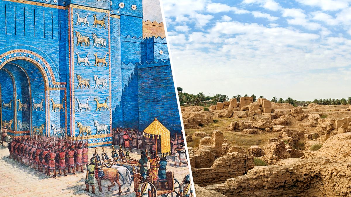 Collage: 1. The immense walls and gate at the entrance of the ancient city of Babylon. 2. The desolate ruins of modern-day Babylon.