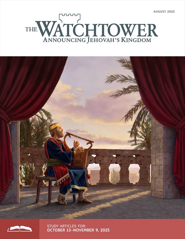 King David sitting on a balcony, playing the harp and singing.