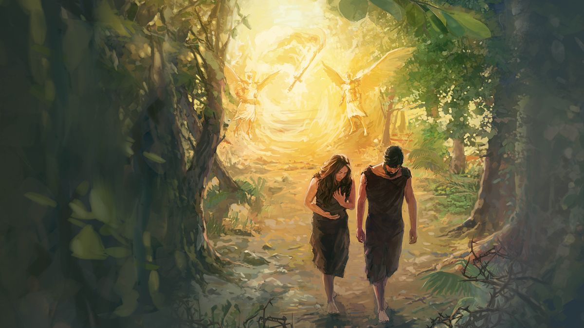 Adam and Eve leaving the garden of Eden in shame, dressed in animal skins.