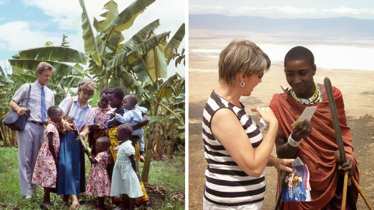Collage: 1. Mats and Ann-Catrin preach to a mother and her children. 2. Ann-Catrin witnesses to a Maasai boy.