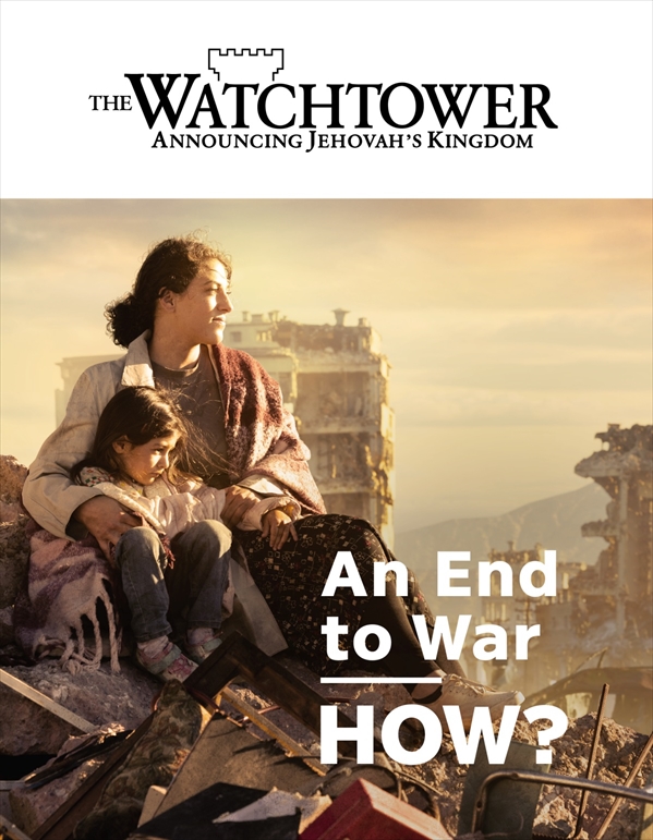 A woman with her arm around her young daughter while they sit on a pile of rubble in a city that has been devastated by war. They are surrounded by destroyed buildings.