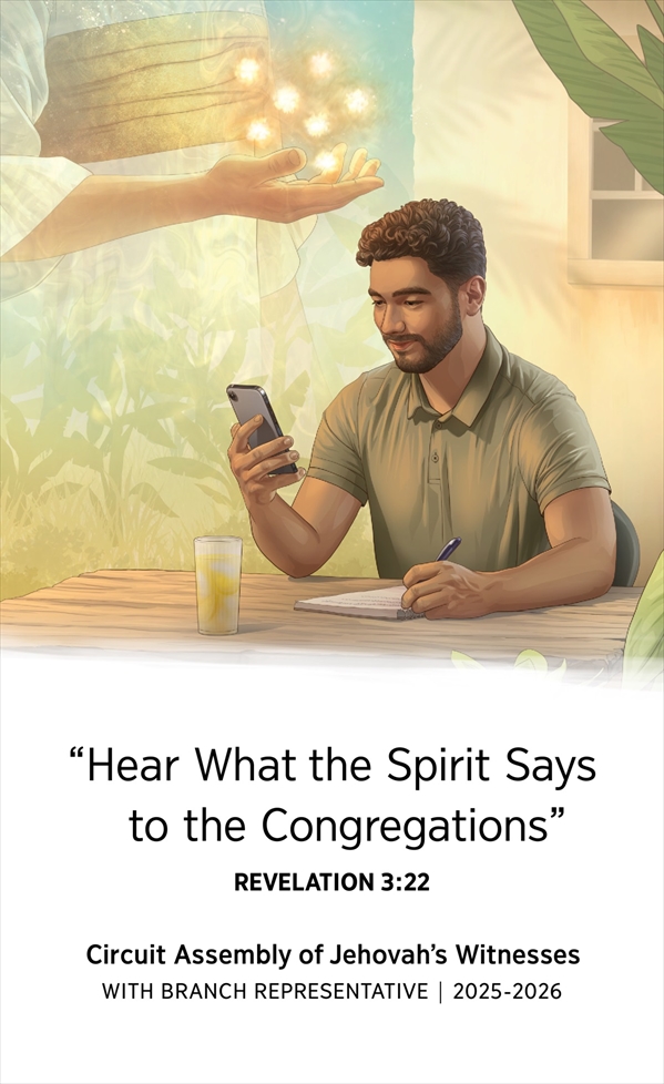 Collage: 1. Jesus holds seven stars in his right hand. 2. A brother sits at an outdoor table and studies using a smartphone and a notebook.